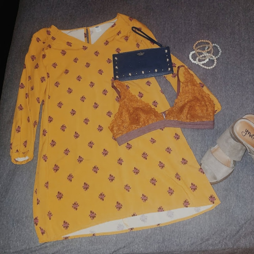 Cute fall dress in mustard color with pink flowers